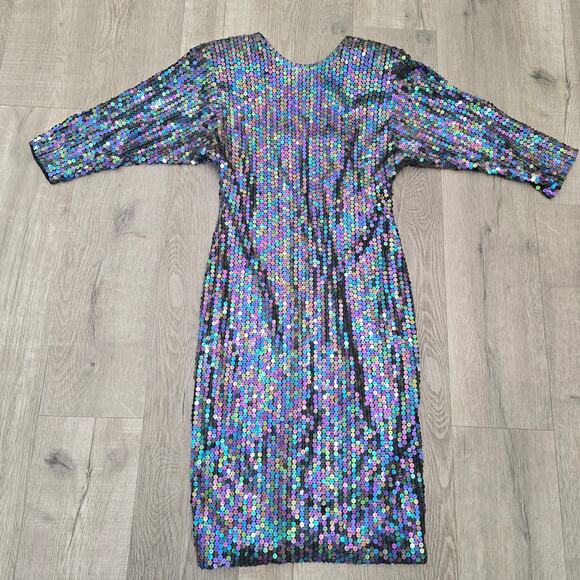 Oleg Cassini Vintage Sequin Dress Sz 8 Iridescent Open Back Cocktail Party Glam - Picture 5 of 10